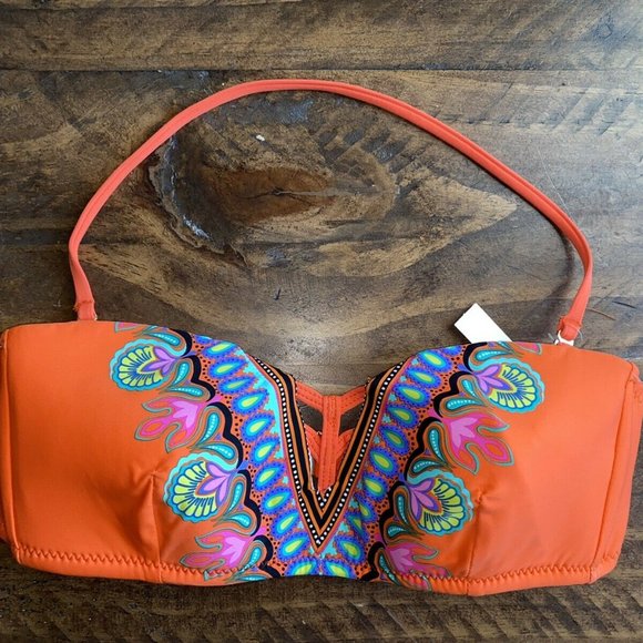 TRINA TURK DASHIKI BIKINI SWIMSUIT TOP ORANGE Sz 6 - Picture 1 of 6